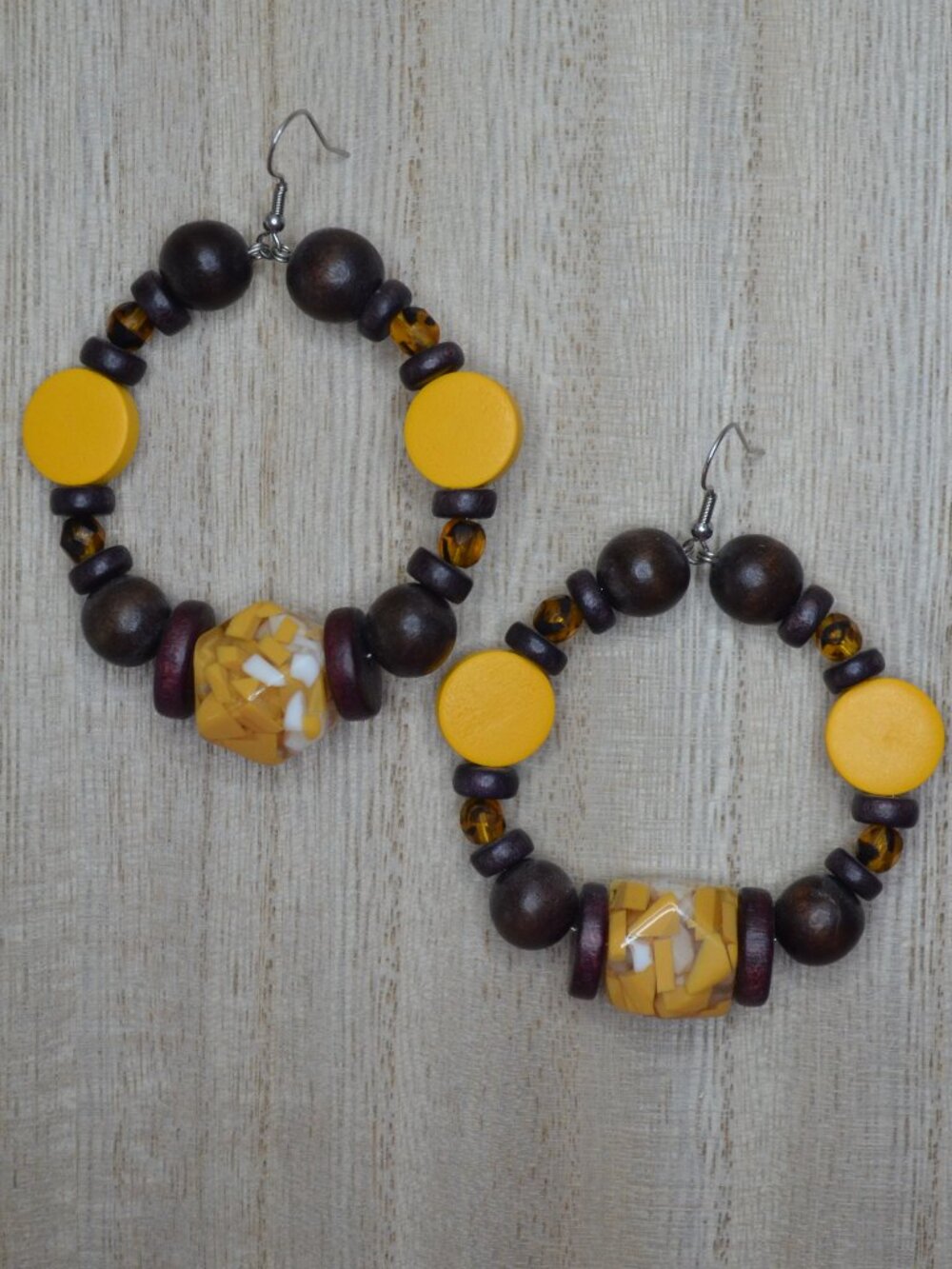 Boho Wooden & Acrylic Large Hoop Earrings | Mustard Yellow & Brown.